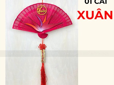 Vòng treo cửa Tết Quạt đỏ hoa Thiên Điểu [Đa dạng chữ - Quạt gỗ] QUAT-08